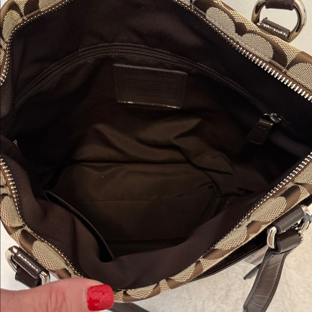 Coach Signature C Coated Cotton Patent Leather Tan and Brown Signature Tote - Picture 6 of 6